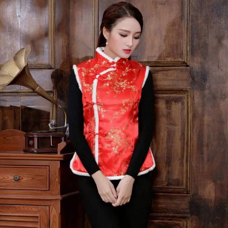Women Winter Tang Suit Vest Red Chinoiserie Cotton — feature 9