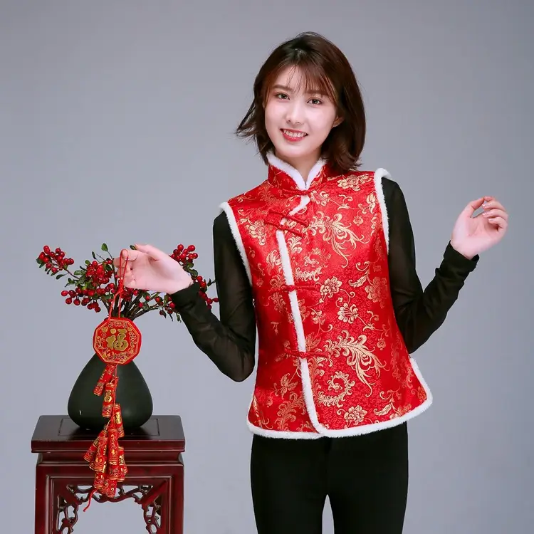 Women Winter Tang Suit Vest Red Chinoiserie Cotton - Image 4