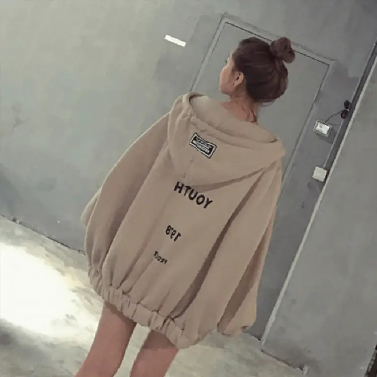 Women Harajuku Style Hooded Sweatshirt Beige Fleece Autumn Winter - Image 4