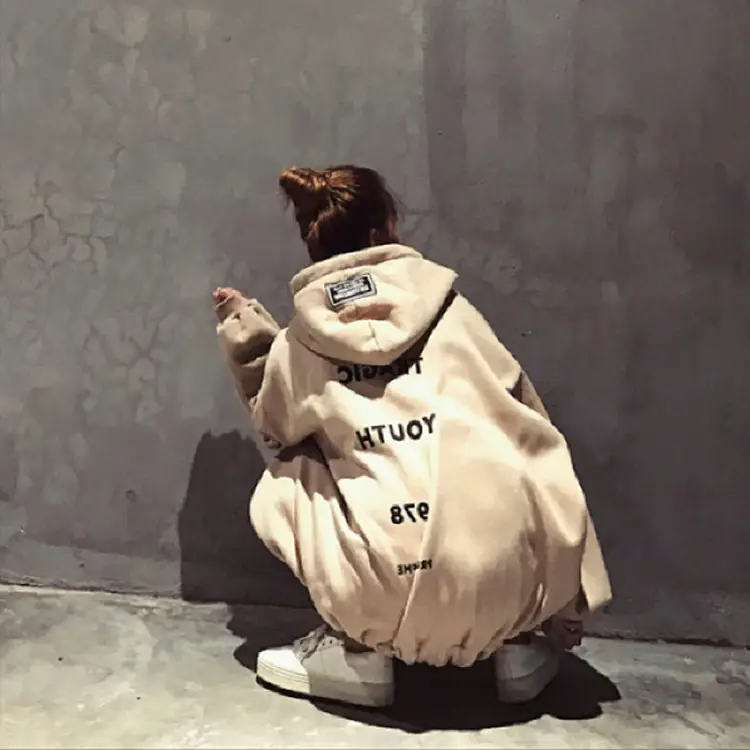 Women Harajuku Style Hooded Sweatshirt Beige Fleece Autumn Winter - Image 6