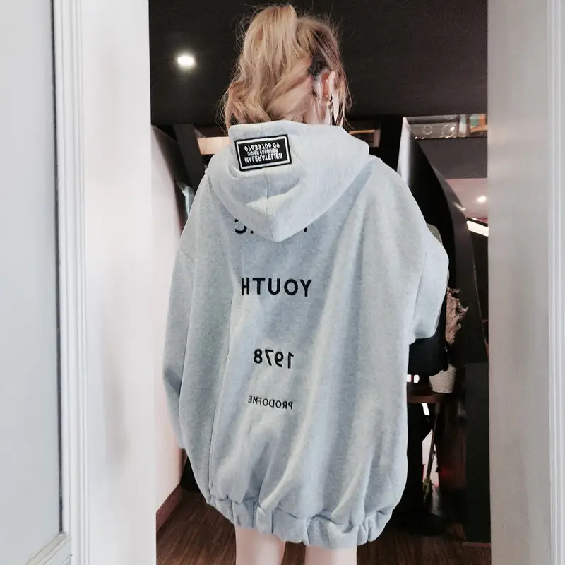 Women Hooded Sweatshirt Black 2025 Korean Style Loose Fit
