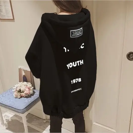 Women Hooded Sweatshirt Black 2025 Korean Style Loose Fit
