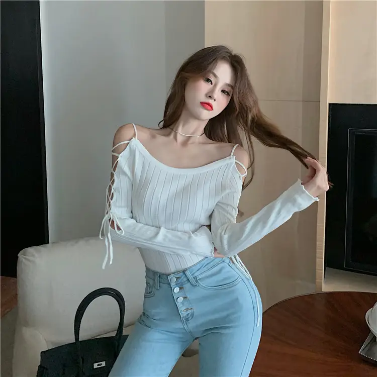 Real Shot Sexy Off-Shoulder Long-Sleeved Knitwear Women's New Korean-Style Slim-Fit Top — feature 15