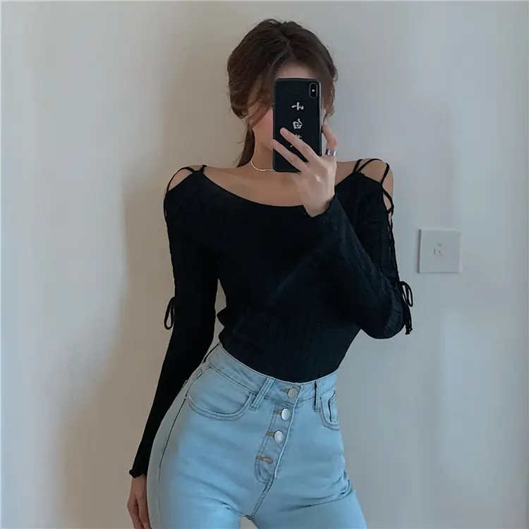 Real Shot Sexy Off-Shoulder Long-Sleeved Knitwear Women's New Korean-Style Slim-Fit Top — feature 5