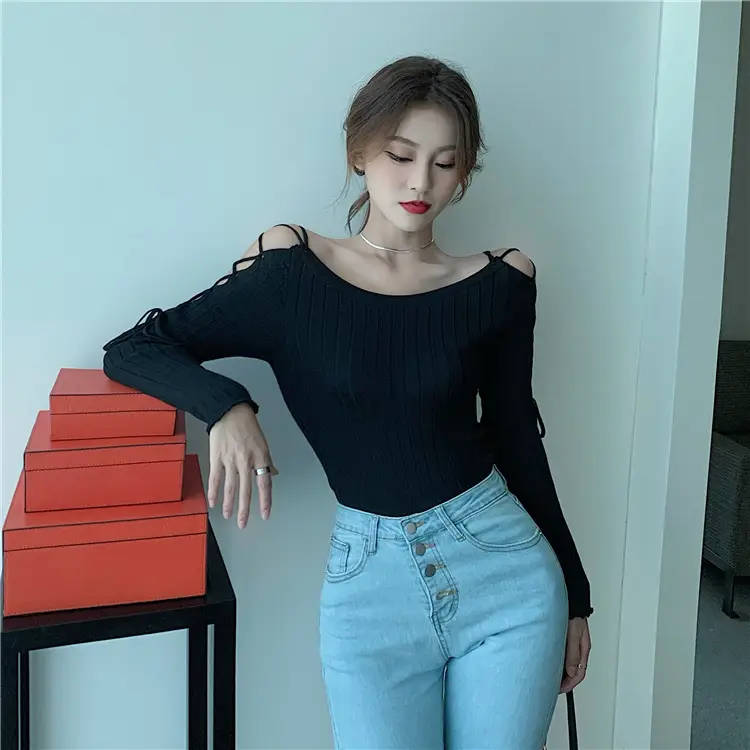 Real Shot Sexy Off-Shoulder Long-Sleeved Knitwear Women's New Korean-Style Slim-Fit Top — feature 6