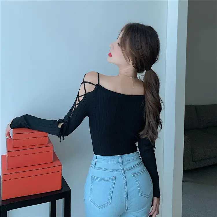 Real Shot Sexy Off-Shoulder Long-Sleeved Knitwear Women's New Korean-Style Slim-Fit Top — feature 9