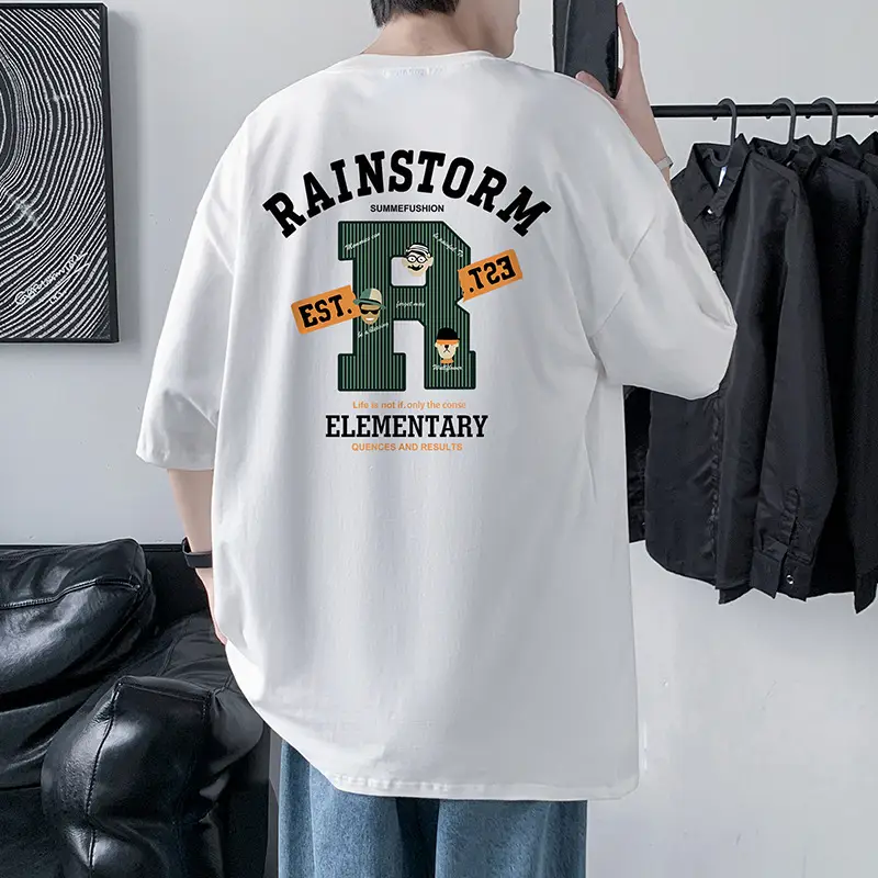 Men Rainstorm Elementary Cotton T-Shirt Black Loose Fit - Image 13