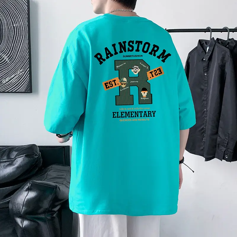 Men Rainstorm Elementary Cotton T-Shirt Black Loose Fit - Image 14