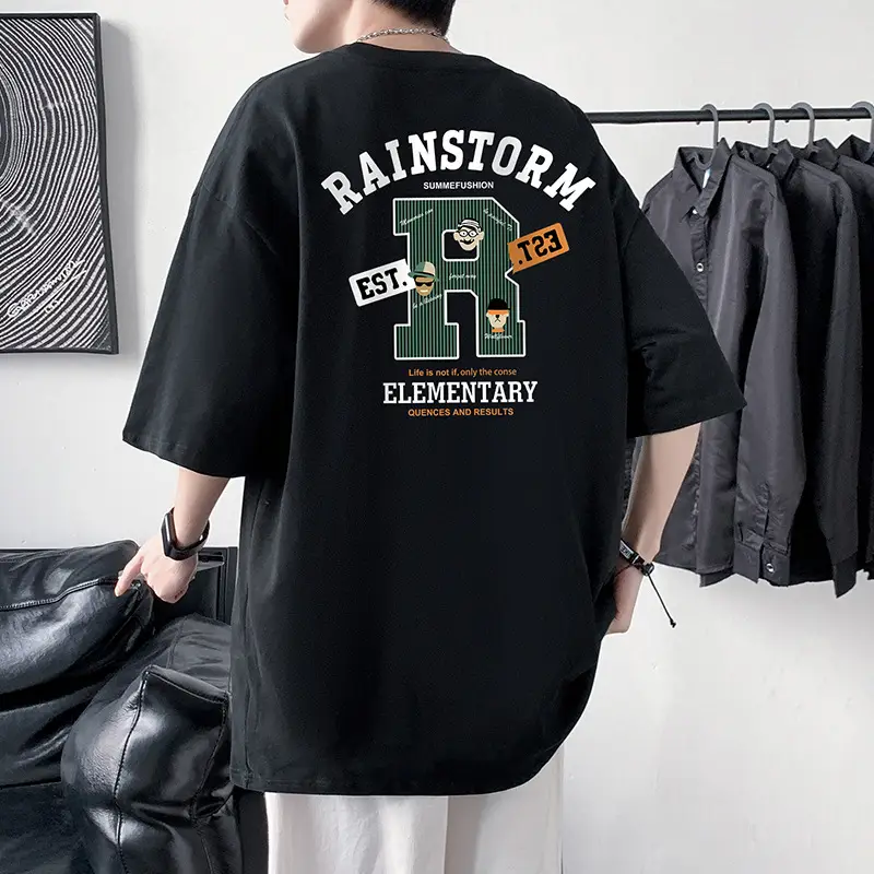 Men Rainstorm Elementary Cotton T-Shirt Black Loose Fit - Image 15