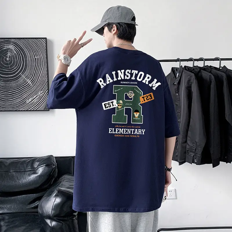 Men Rainstorm Elementary Cotton T-Shirt Black Loose Fit - Image 10