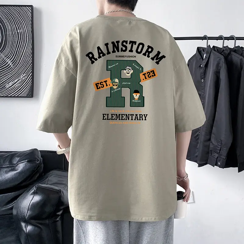 Men Rainstorm Elementary Cotton T-Shirt Black Loose Fit - Image 11