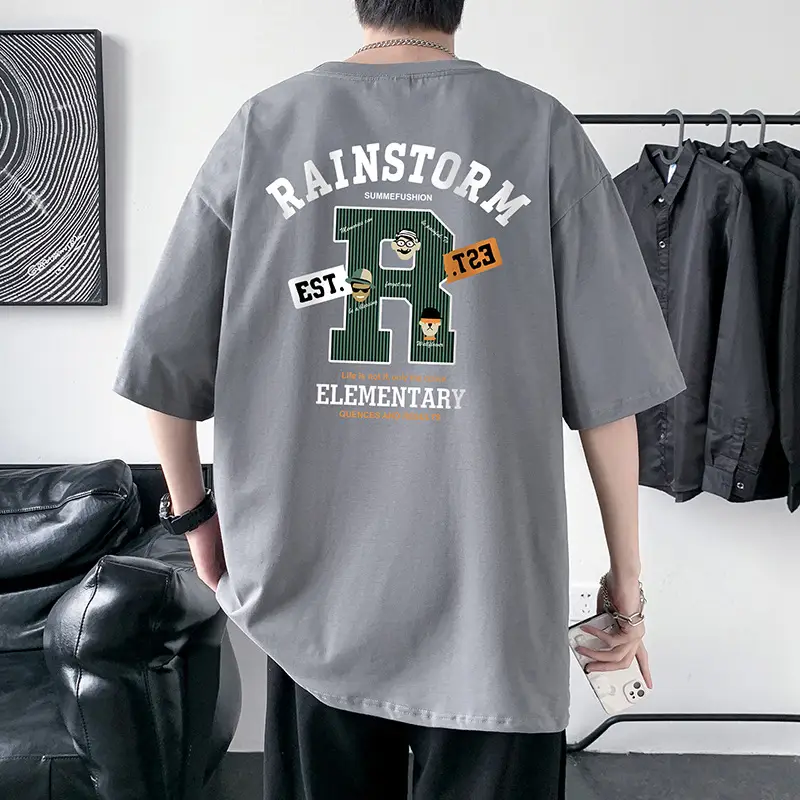 Men Rainstorm Elementary Cotton T-Shirt Black Loose Fit - Image 3