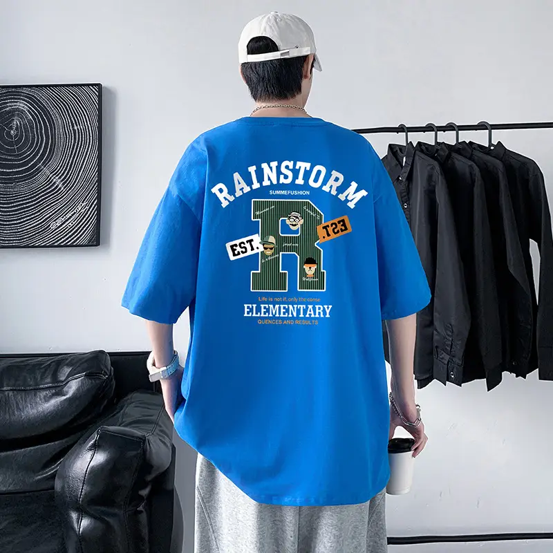 Men Rainstorm Elementary Cotton T-Shirt Black Loose Fit - Image 4