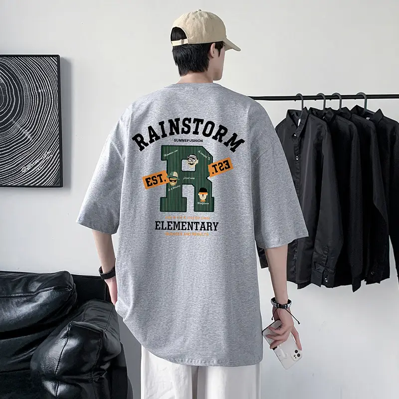 Men Rainstorm Elementary Cotton T-Shirt Black Loose Fit - Image 5
