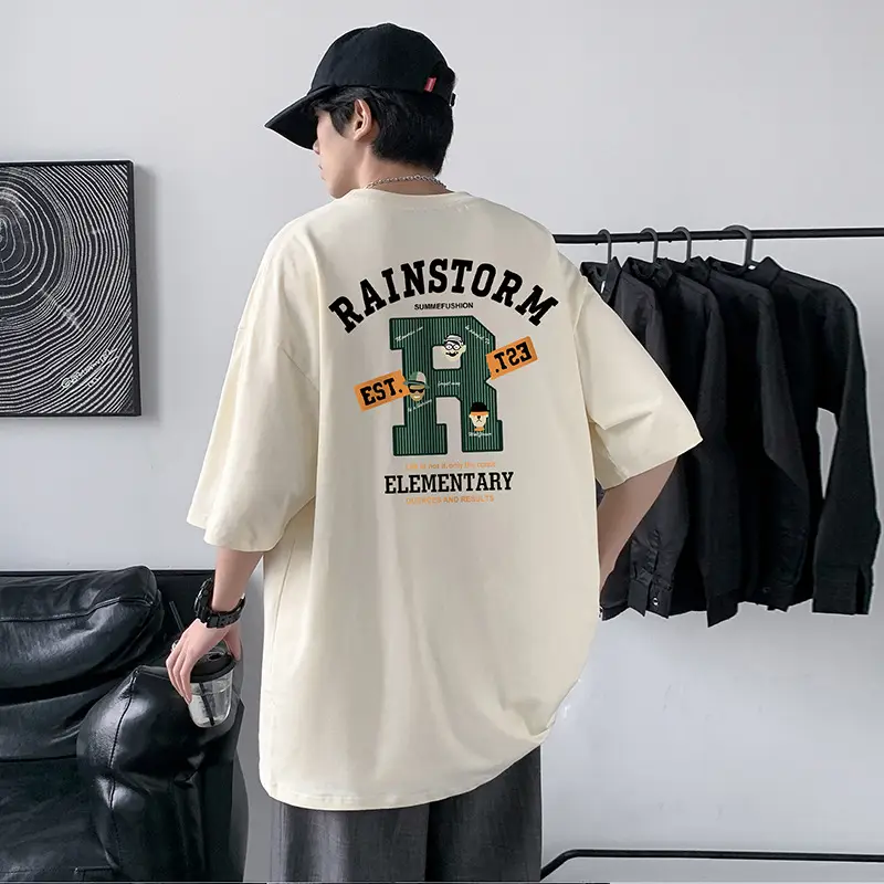 Men Rainstorm Elementary Cotton T-Shirt Black Loose Fit - Image 6