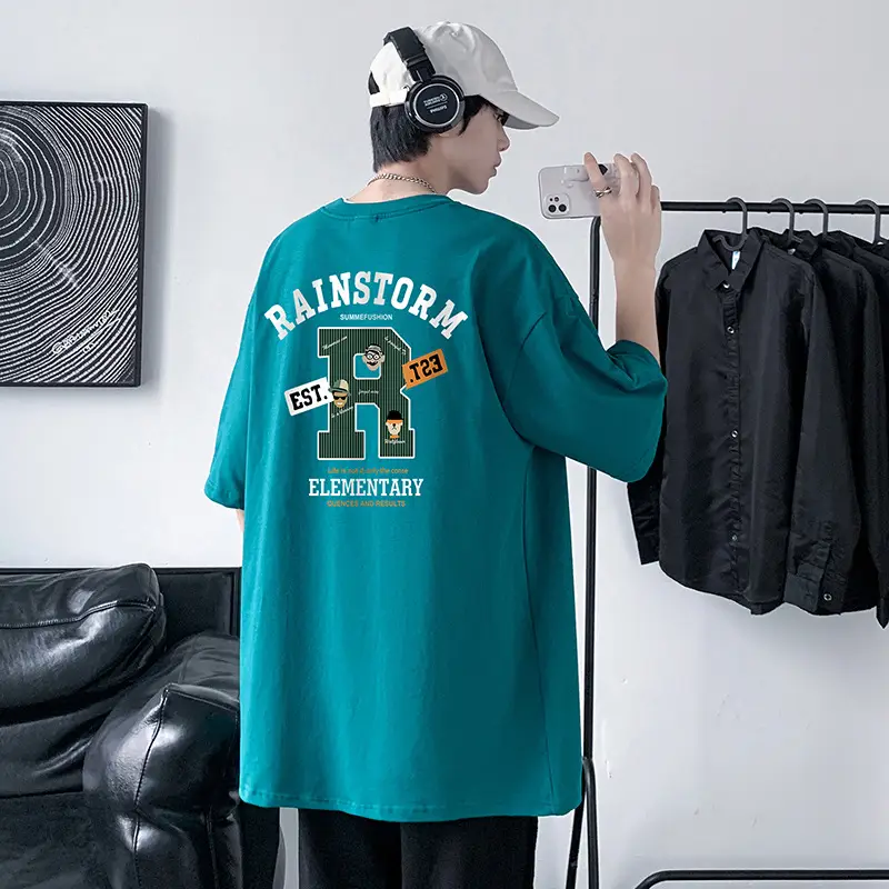 Men Rainstorm Elementary Cotton T-Shirt Black Loose Fit - Image 8