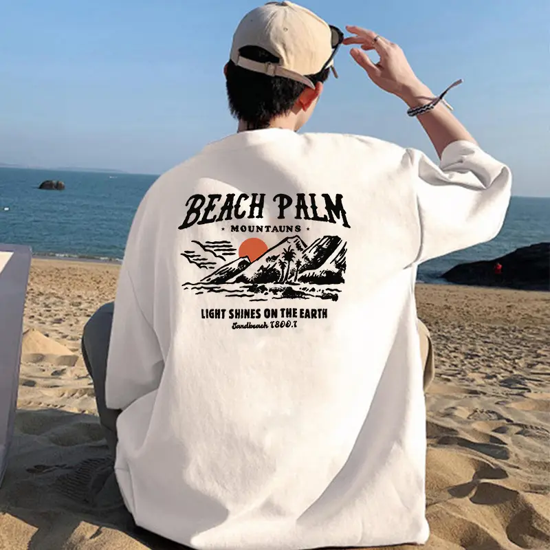 Men Blue Beach Palm Graphic T-Shirt 220g Cotton Loose Fit - Image 15