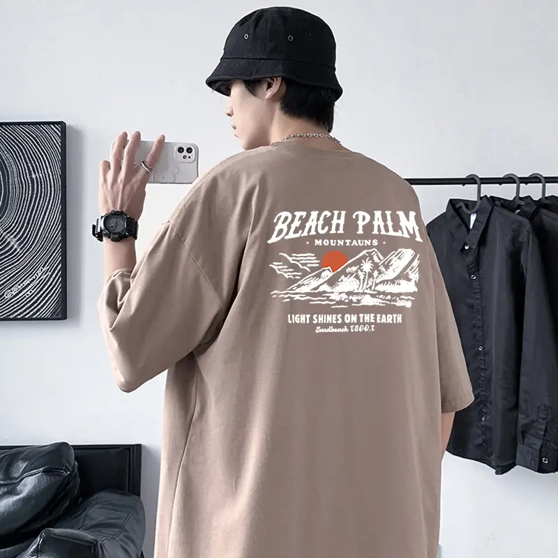 Men Blue Beach Palm Graphic T-Shirt 220g Cotton Loose Fit - Image 16