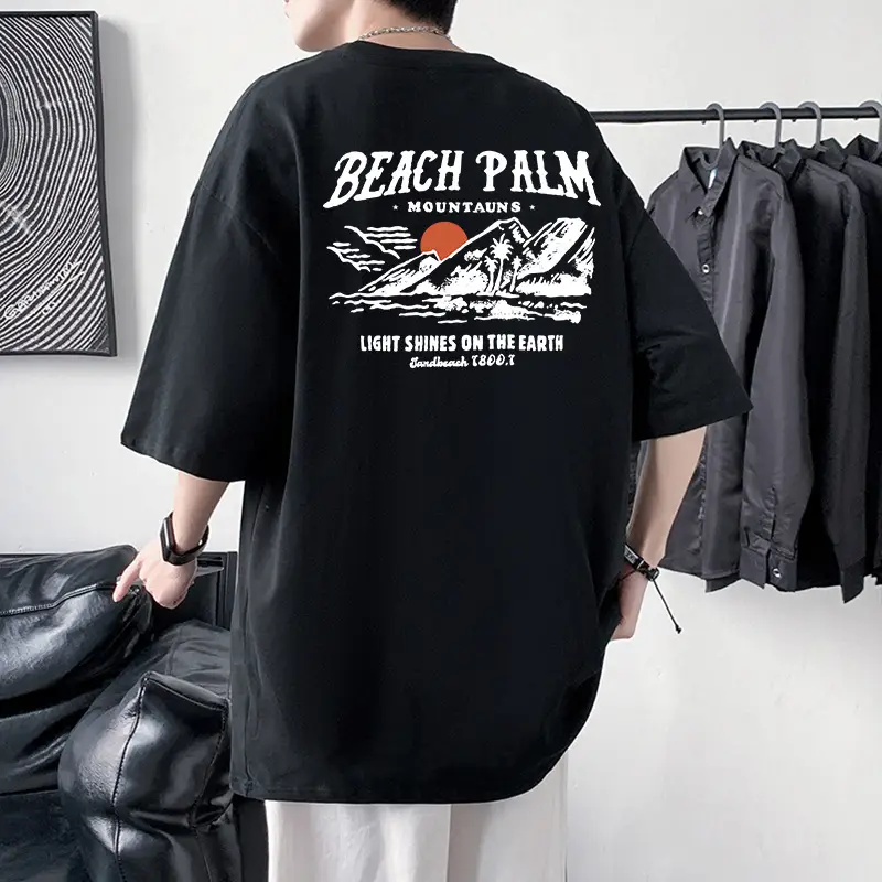 Men Blue Beach Palm Graphic T-Shirt 220g Cotton Loose Fit - Image 19