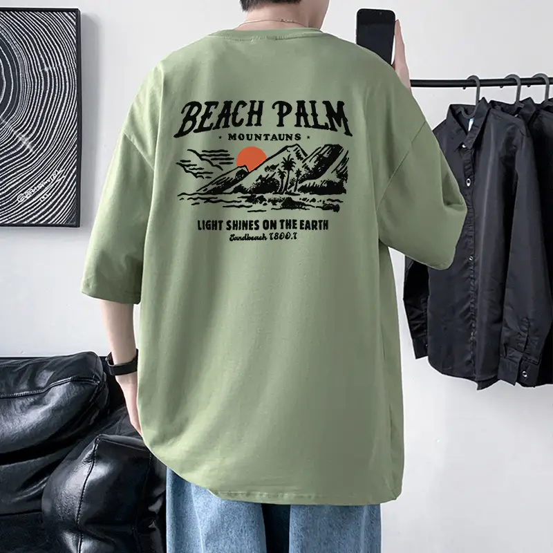 Men Blue Beach Palm Graphic T-Shirt 220g Cotton Loose Fit - Image 10