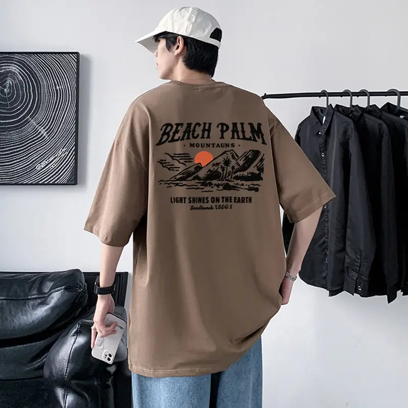 Men Blue Beach Palm Graphic T-Shirt 220g Cotton Loose Fit - Image 13