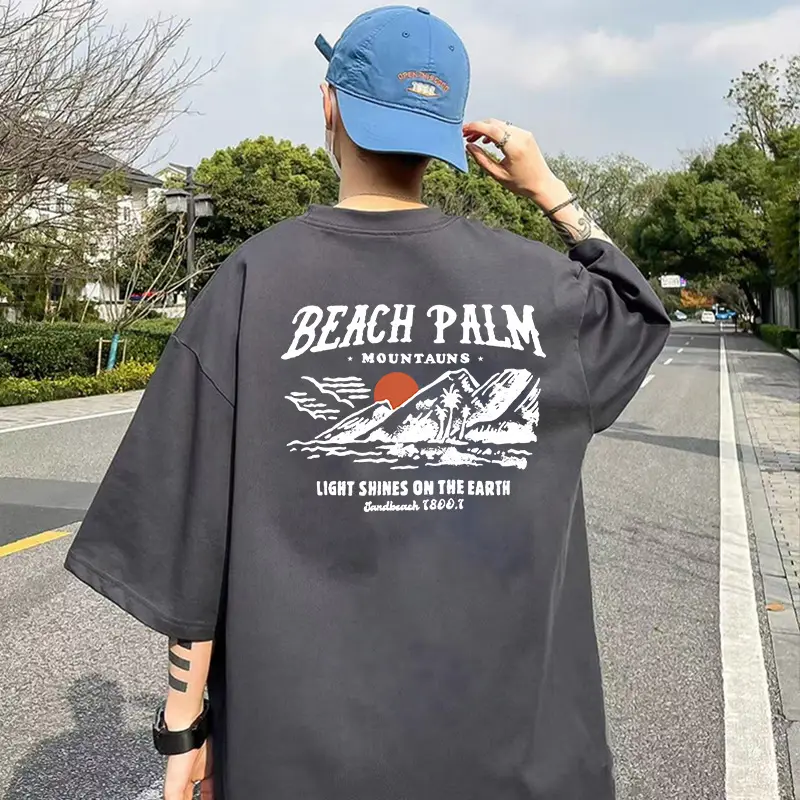 Men Blue Beach Palm Graphic T-Shirt 220g Cotton Loose Fit - Image 3
