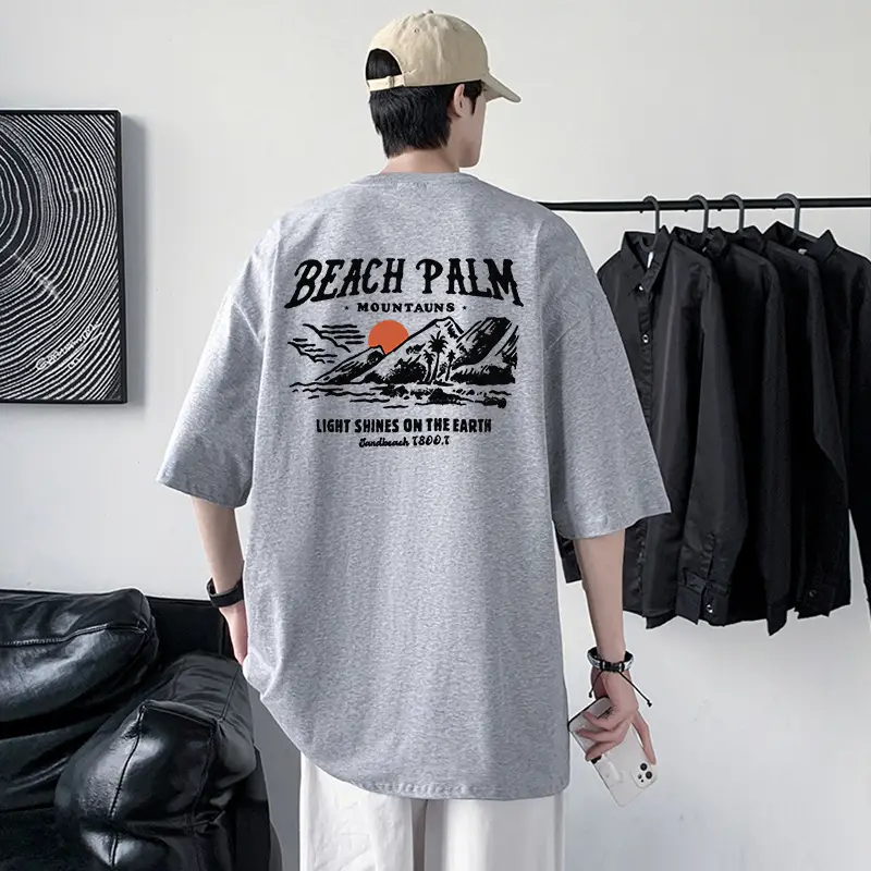 Men Blue Beach Palm Graphic T-Shirt 220g Cotton Loose Fit - Image 4