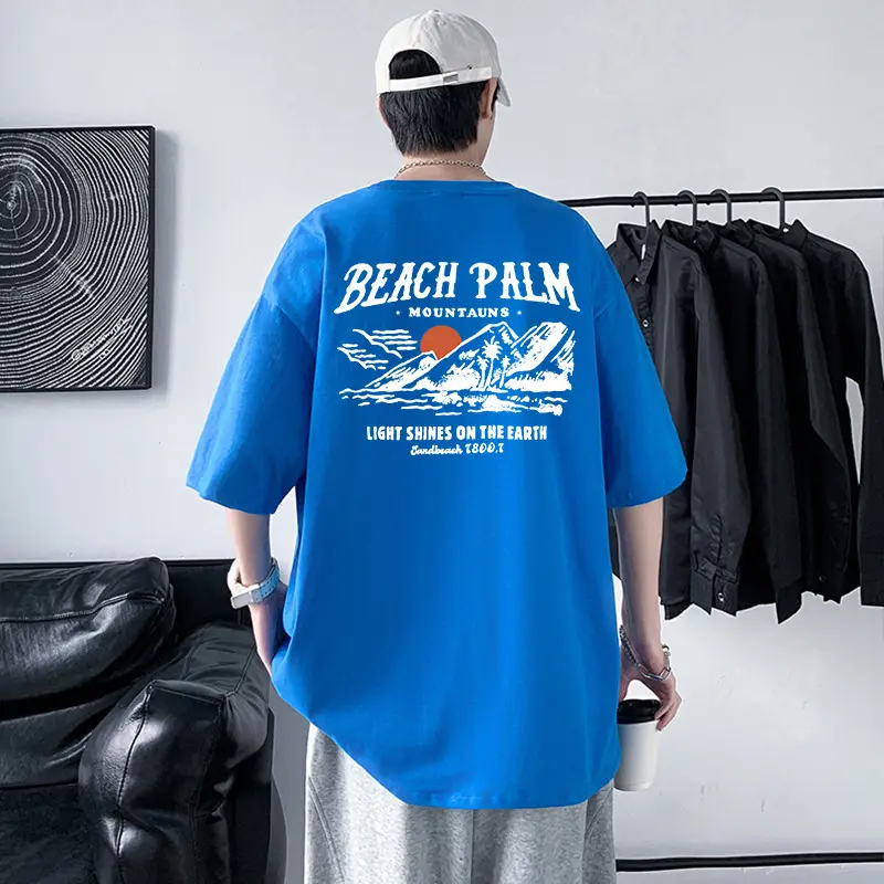 Men Blue Beach Palm Graphic T-Shirt 220g Cotton Loose Fit - Image 6