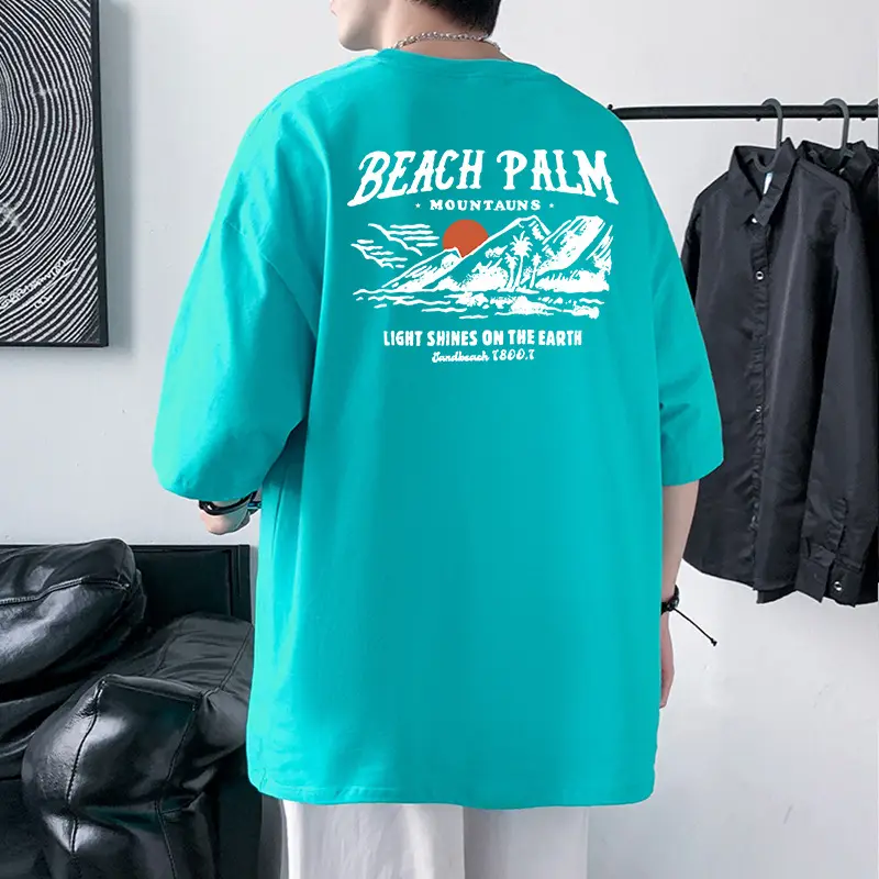 Men Blue Beach Palm Graphic T-Shirt 220g Cotton Loose Fit - Image 7