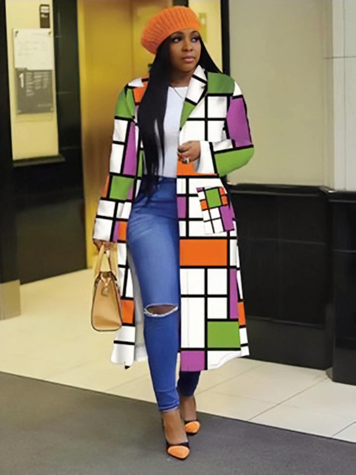 Women's Plaid Printed Trench Coat Autumn Winter Double Breasted