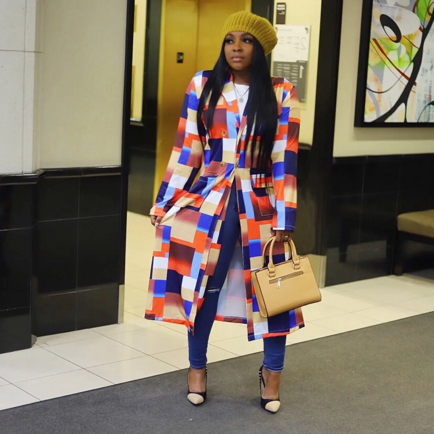 Women's Plaid Printed Trench Coat Autumn Winter Double Breasted
