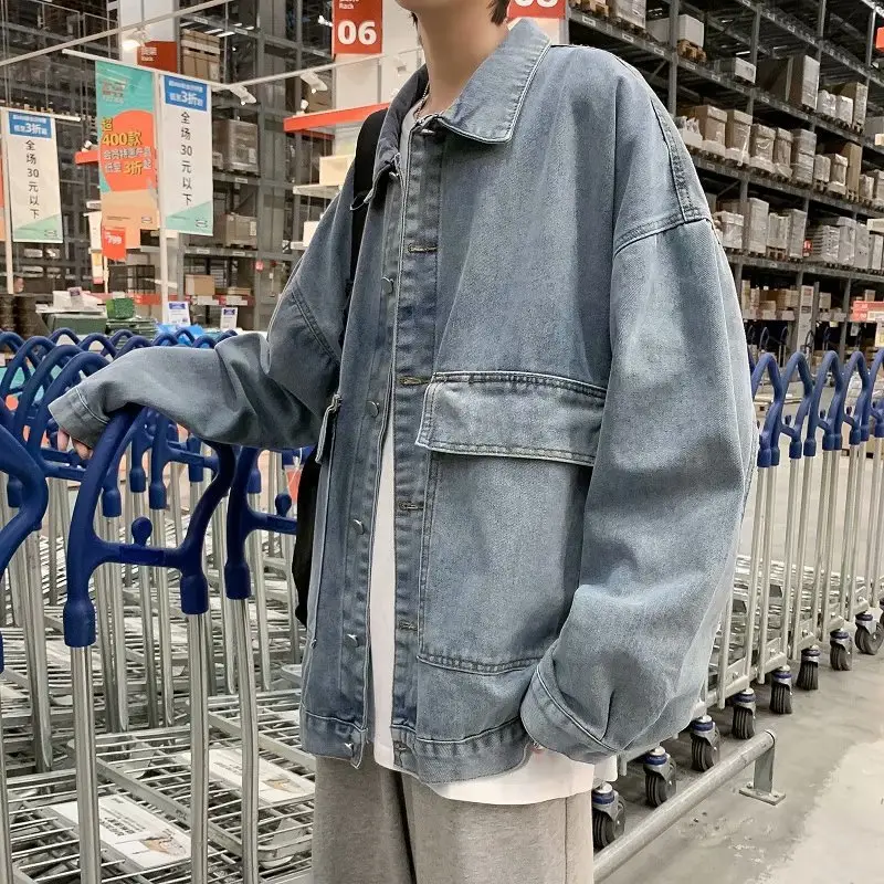 Japanese Ins Fashion Denim Jacket Men Spring Autumn Loose Fit