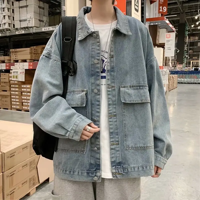 Japanese Ins Fashion Denim Jacket Men Spring Autumn Loose Fit