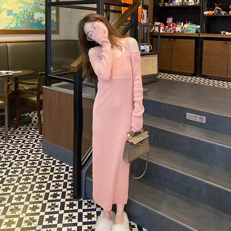 Women Knitted Backless Dress Pink Slimming - Image 4