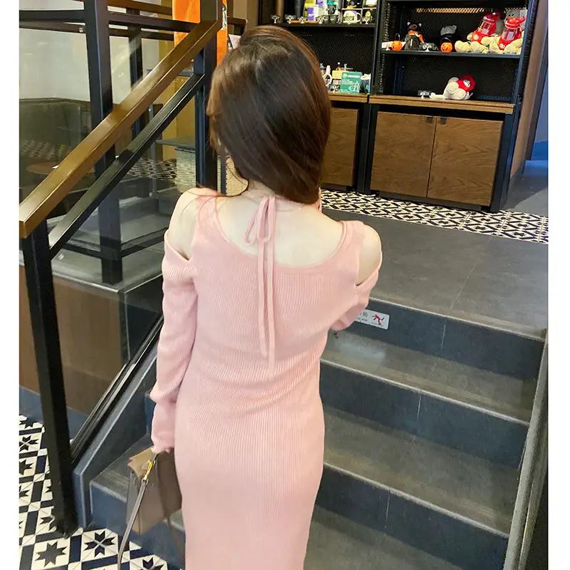 Women Knitted Backless Dress Pink Slimming - Image 5