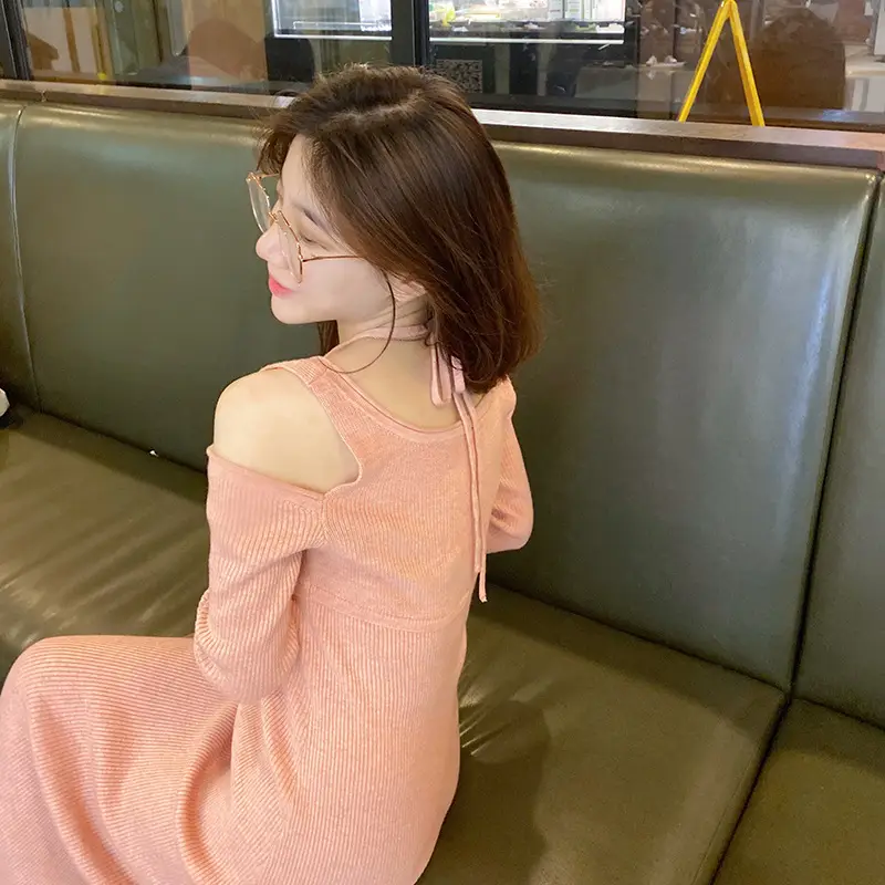 Women Knitted Backless Dress Pink Slimming - Image 6