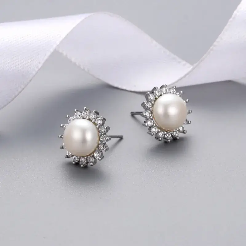 Japanese & Korean Sweet Diamond Pearl Stud Earrings