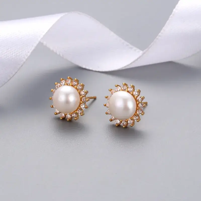 Japanese & Korean Sweet Diamond Pearl Stud Earrings