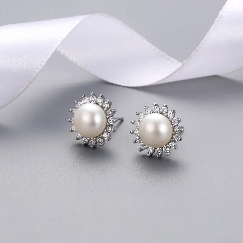 Japanese & Korean Sweet Diamond Pearl Stud Earrings