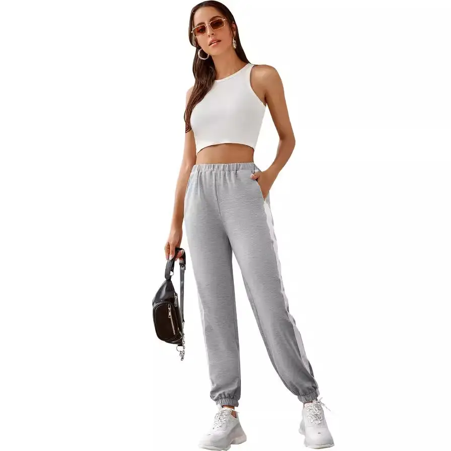 Women Grey High Waist Striped Sports Pants Winter Autumn - Image 3