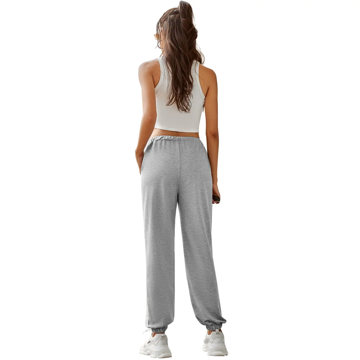 Women Grey High Waist Striped Sports Pants Winter Autumn - Image 4
