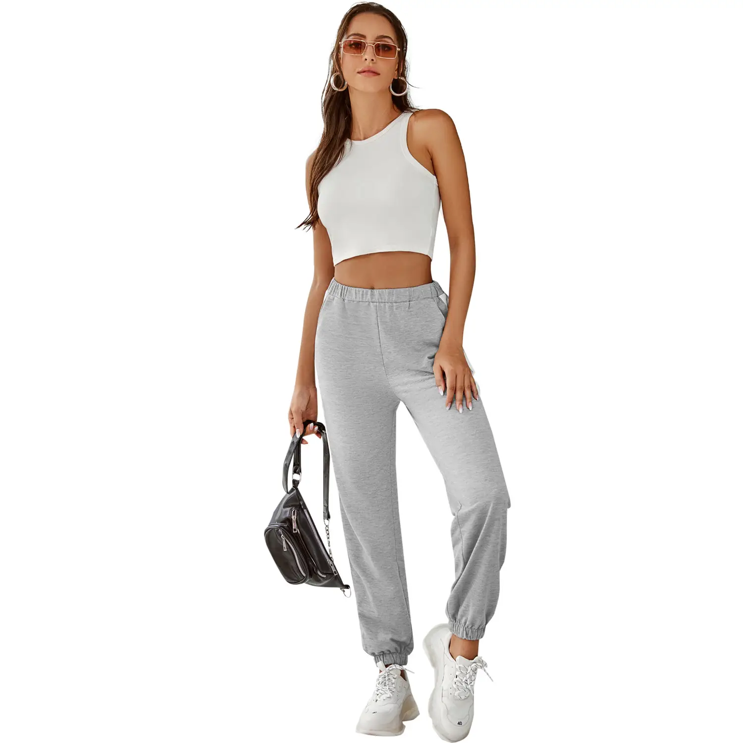 Women Grey High Waist Striped Sports Pants Winter Autumn - Image 5