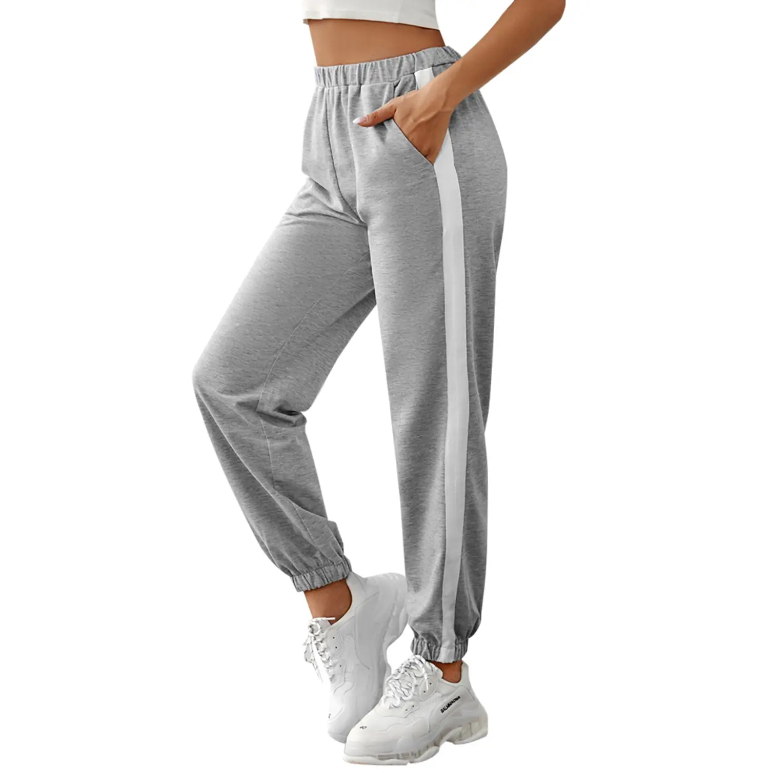 Women Grey High Waist Striped Sports Pants Winter Autumn - Image 6
