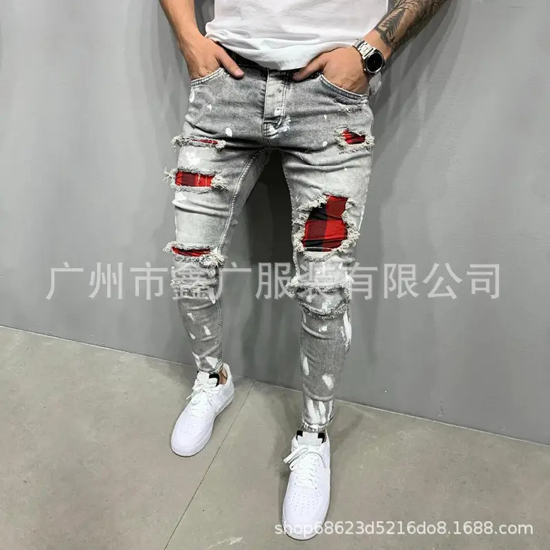 Men Ripped Three-Color Stretch Jeans with Red Patch - Image 5