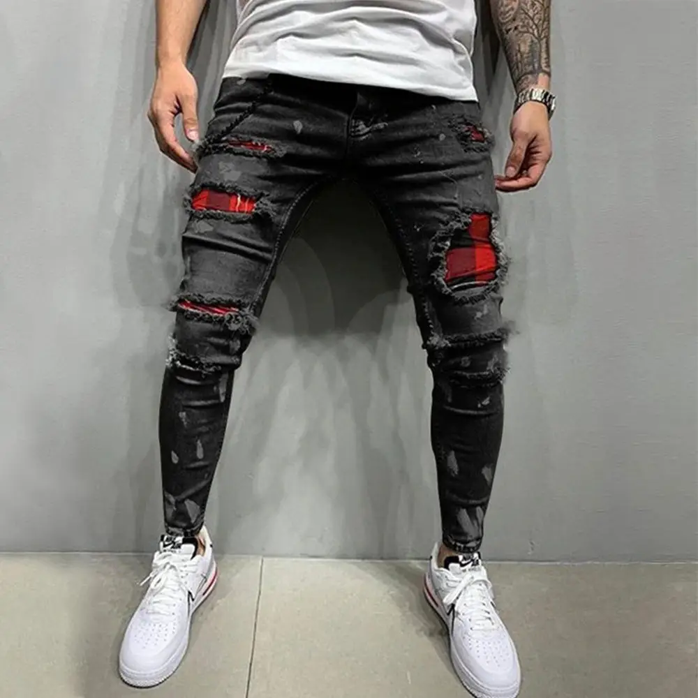 Men Ripped Three-Color Stretch Jeans with Red Patch - Image 6