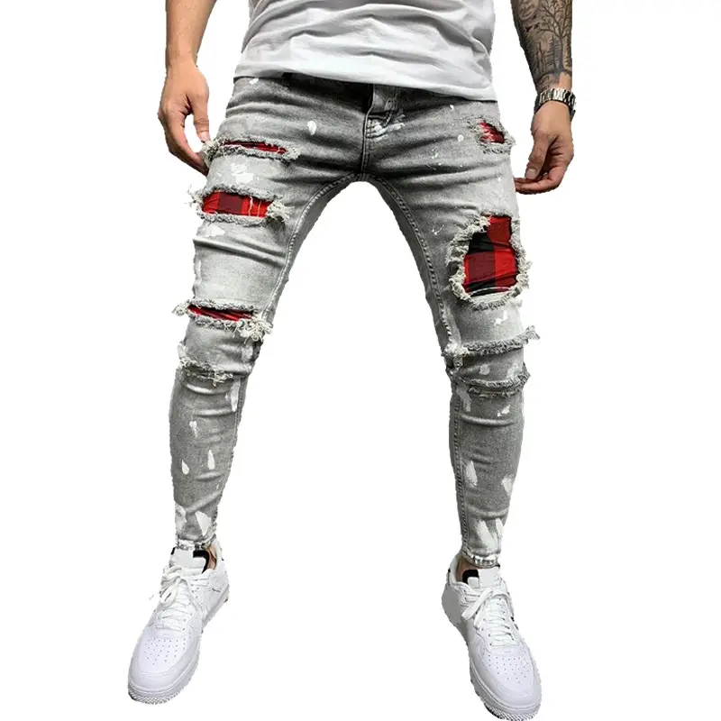 Men Ripped Three-Color Stretch Jeans with Red Patch - Image 3
