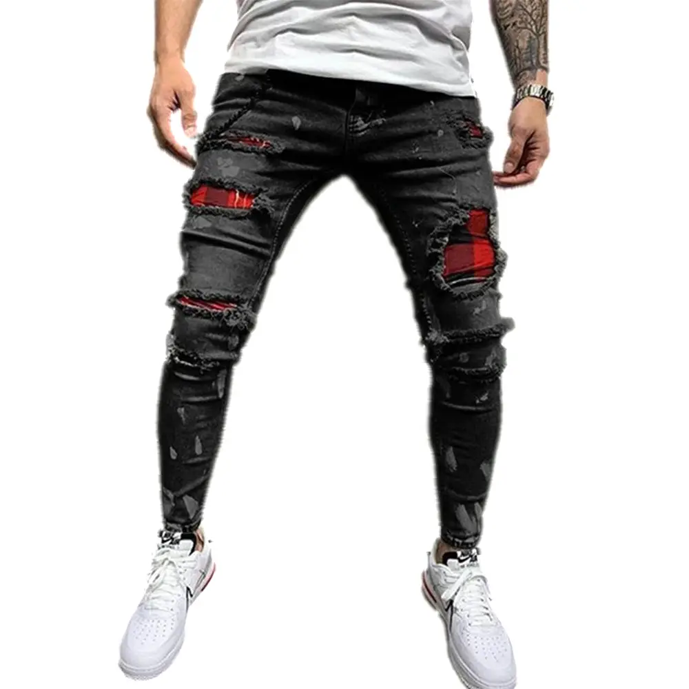 Men Ripped Three-Color Stretch Jeans with Red Patch - Image 2