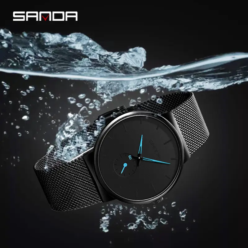 Sanda Black Mesh Band Quartz Watch for Men Women