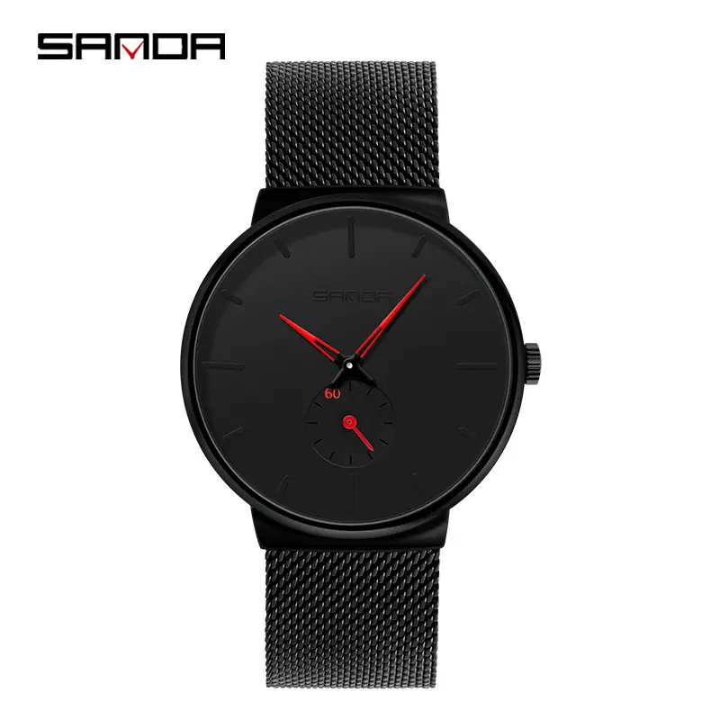 Sanda Black Mesh Band Quartz Watch for Men Women