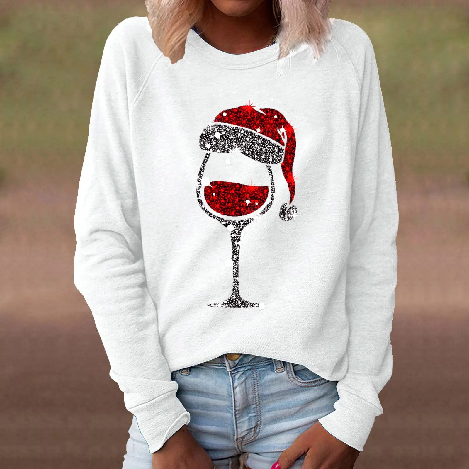 Women's Green Christmas Hat Sweatshirt with Wine Glass Print - Image 8